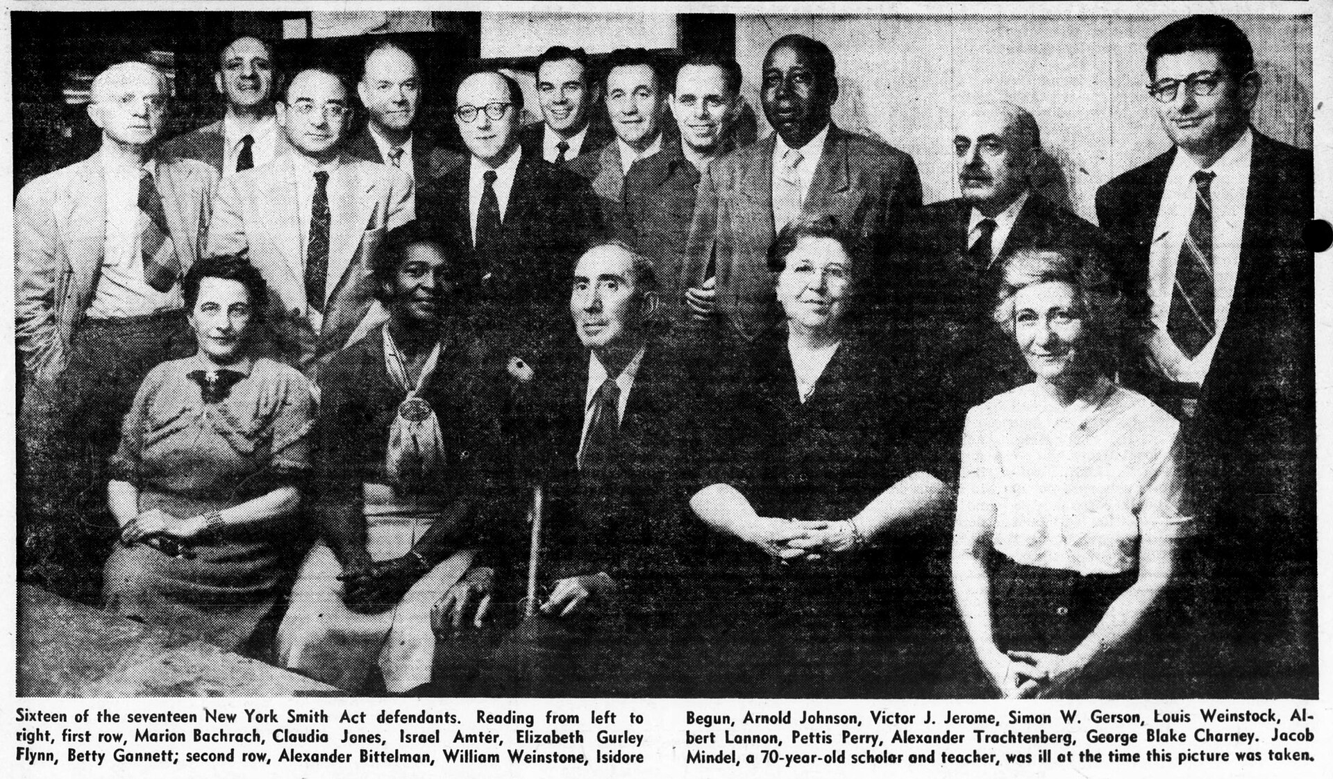 Group photograph of sixteen men and women, arranged in two rows, the New York Smith Act defendants of 1951