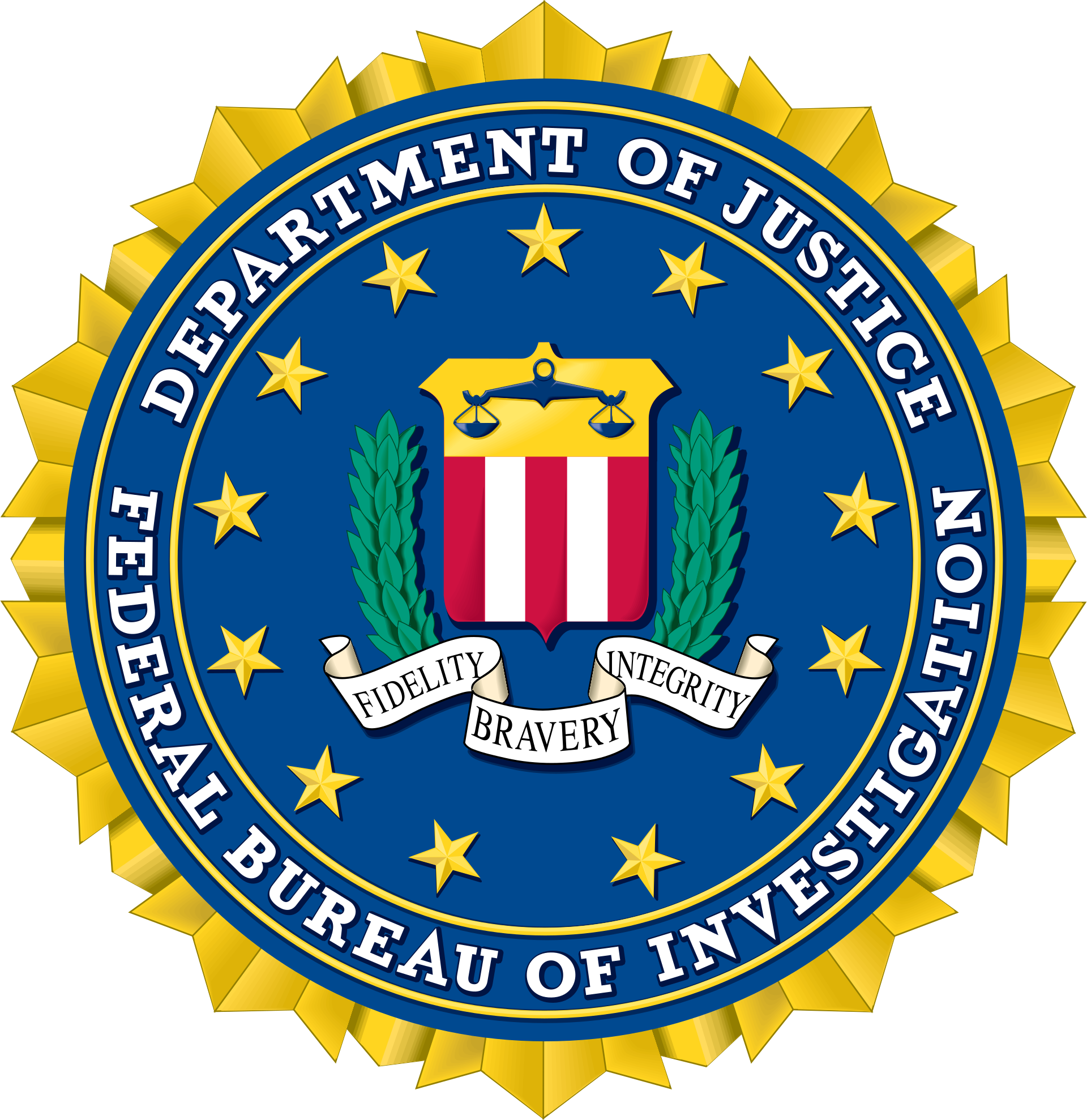 Circular seal of the Federal Bureau of Investigation, with the words Department of Justice and Federal Bureau of Investigation lettered around a central shield