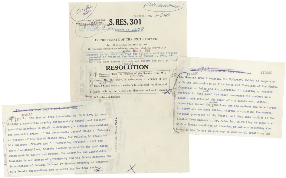Page of a typed Senate resolution document from the National Archives, Senate Resolution 301 of the 83rd Congress, concerning Senator Joseph McCarthy