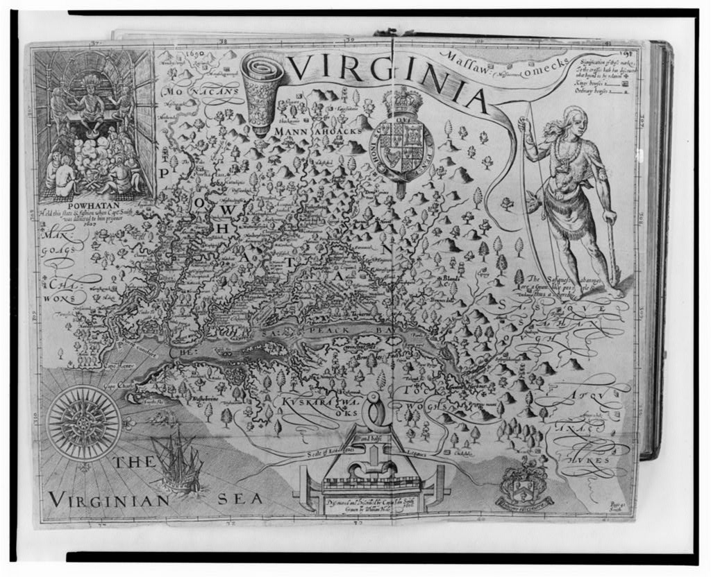 Engraved map of Virginia and the Chesapeake Bay region by John Smith, with the title VIRGINIA across the top, a royal coat of arms, an inset showing Powhatan seated in a lodge at upper left, a standing Susquehannock figure at right, a compass rose and a ship in the lower left sea