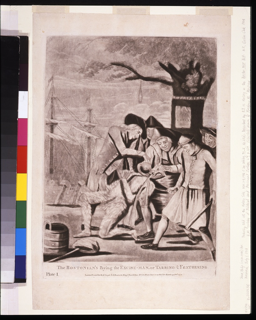 Mezzotint cartoon showing five Boston men forcing a tarred and feathered customs officer to drink from a teapot under a tree marked Liberty Tree with a rope hanging from it, with ships in the harbor behind