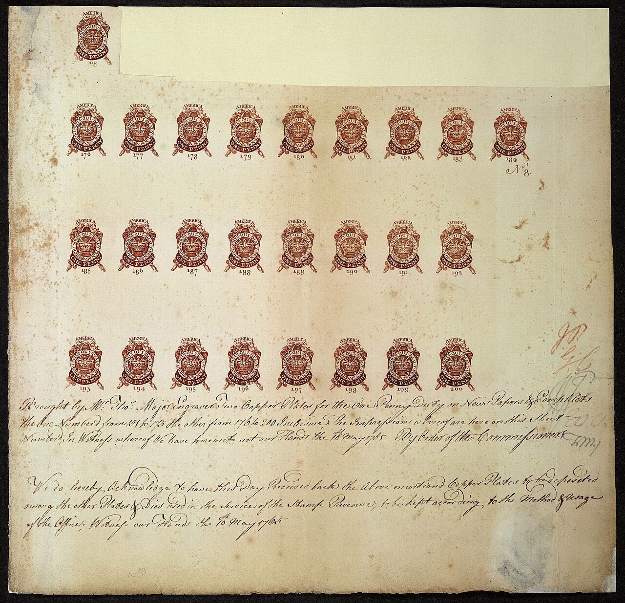 Proof sheet printed in red ink showing three rows of small embossed stamp designs, each with a crown and the word America above, with handwritten notes in brown ink below the rows