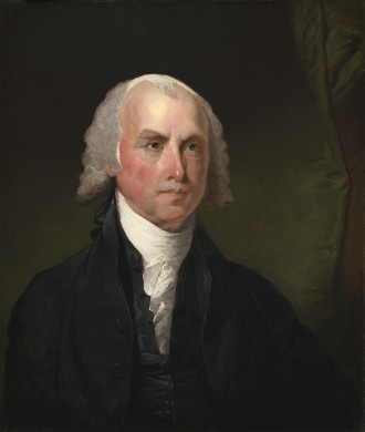 Painted portrait of James Madison in later life, in a dark coat with a white collar, against a dark background