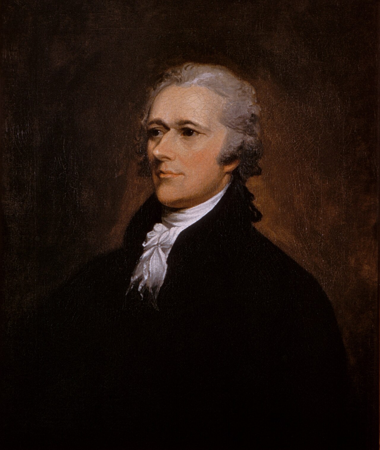 Painted portrait of Alexander Hamilton turned to the left, in a dark coat with a white cravat and powdered hair, against a dark background