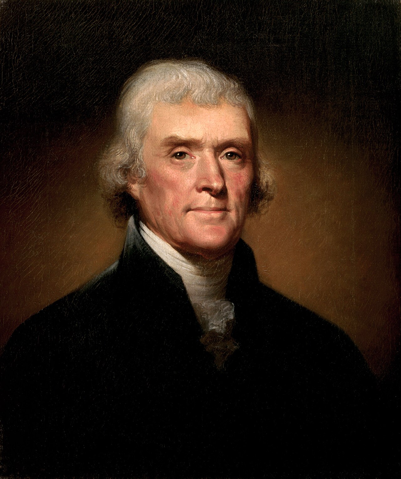 Painted portrait of Thomas Jefferson in 1800, with graying hair, a dark coat and white cravat, looking toward the viewer against a dark background