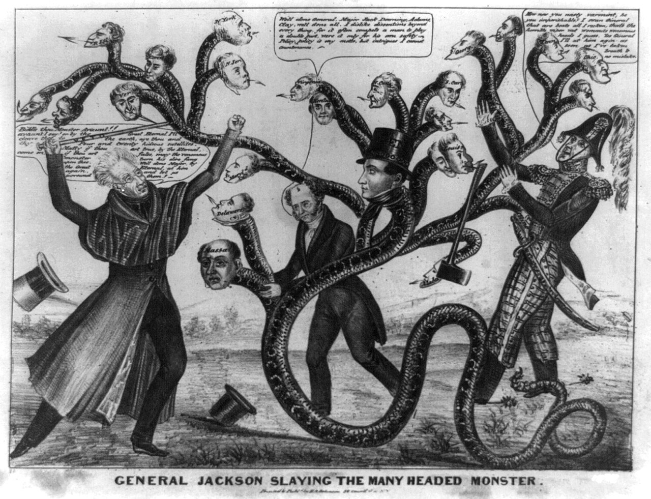 A lithograph in which Andrew Jackson, holding a cane labeled veto, fights a many-headed snake whose heads are the faces of bank officials, with Martin Van Buren and Jack Downing beside him