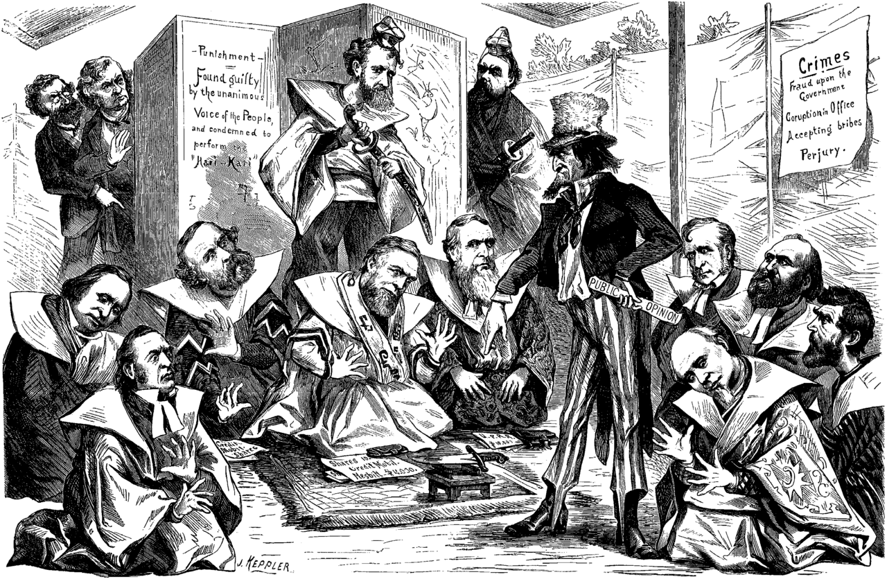 A cartoon in which Uncle Sam, holding out a short sword, directs a line of disgraced politicians to commit hara-kiri while two men peer from behind a screen