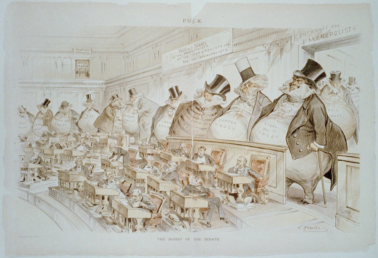 A cartoon of the Senate chamber in which small senators sit at their desks while huge bloated men in top hats, labeled as trusts, stand at the back; a sign reads This is a Senate of the Monopolists by the Monopolists for the Monopolists and the door marked People's Entrance is closed
