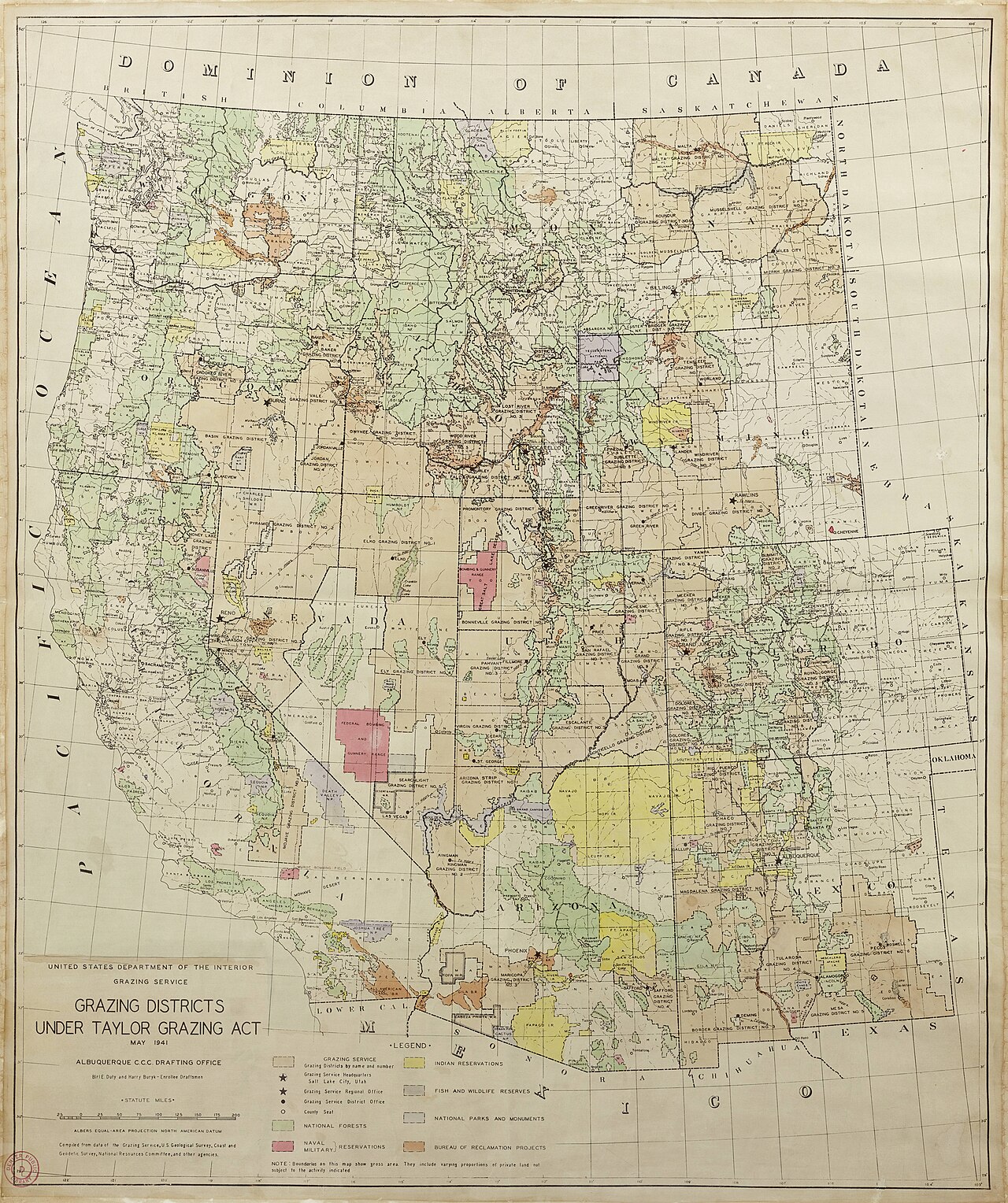 Map of the western United States with shaded areas showing federal grazing districts established under the Taylor Grazing Act
