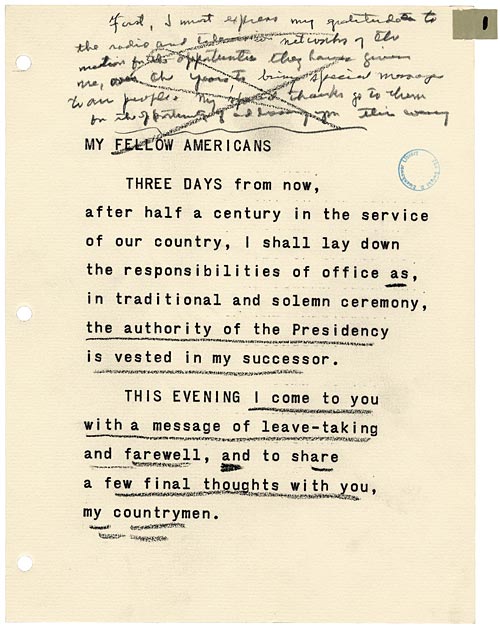 Typed page of a speech with large print text and handwritten edits, from the reading copy of the 1961 farewell address