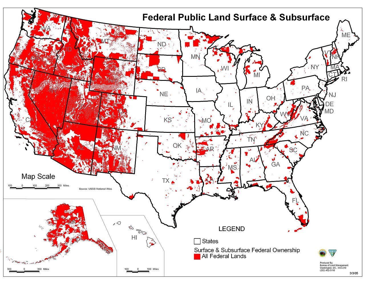 Map of the United States with federally owned land shaded in colors by managing agency, heavily concentrated in the western states and Alaska