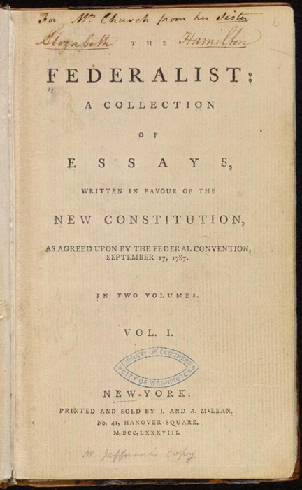 Printed title page of the first edition of The Federalist, volume one, 1788