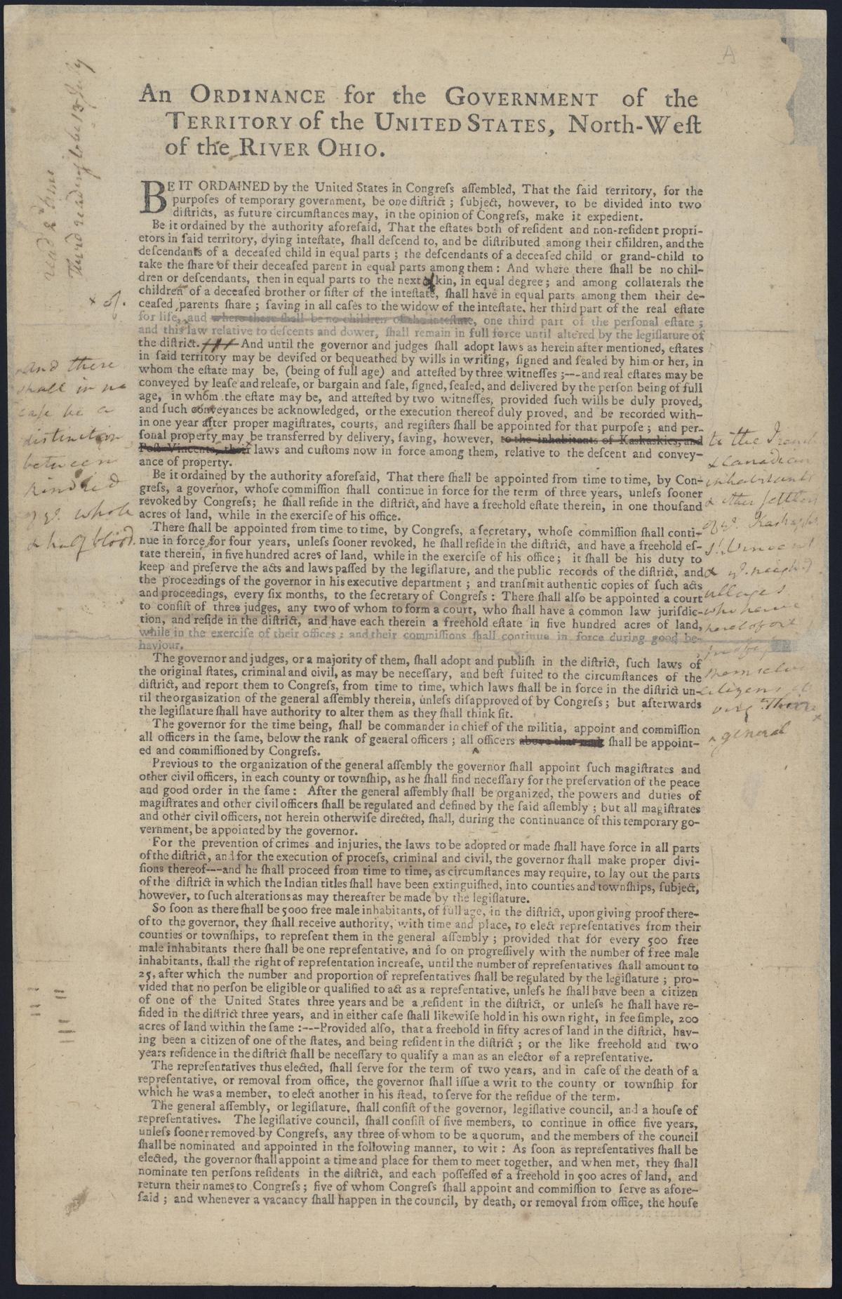 Printed broadside of 1787 headed An Ordinance for the Government of the Territory of the United States, North-West of the River Ohio, in dense columns of type