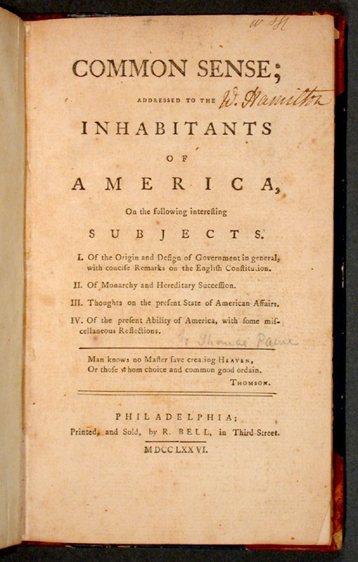 Title page of Common Sense by Thomas Paine, 1776