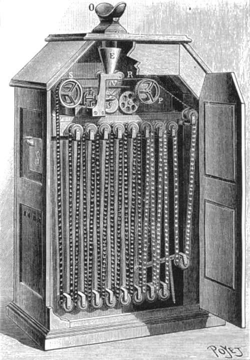 Engraving of the inside of Edison's Kinetoscope peephole film viewer