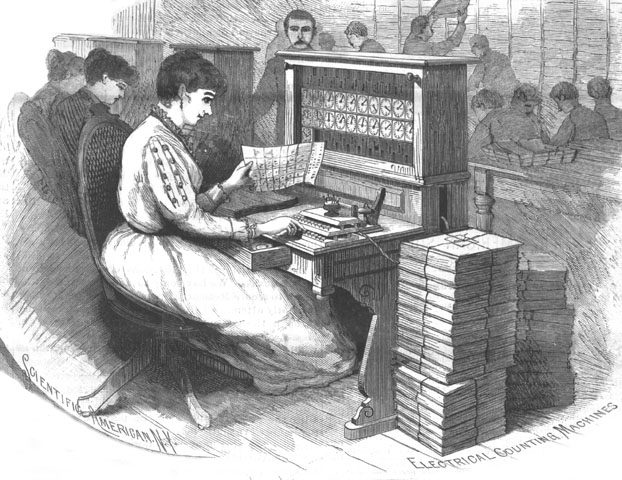 Engraving of clerks operating Hollerith electric tabulating machines for the 1890 census