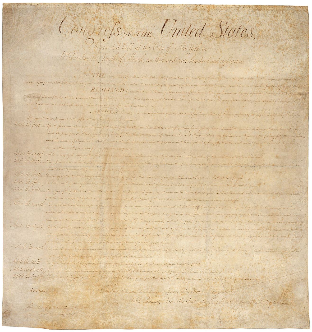 The handwritten parchment of the amendments proposed by Congress in 1789, headed Congress of the United States