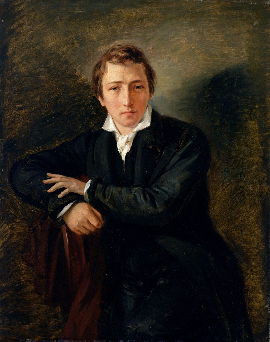 Portrait of the poet Heinrich Heine as a young man, in dark coat and white collar, painted by Moritz Daniel Oppenheim
