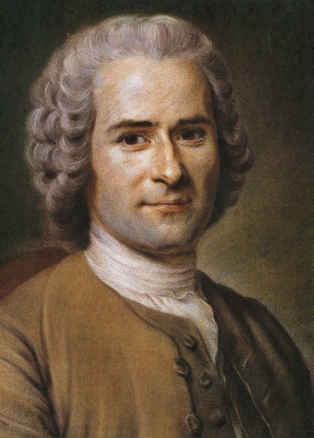 Pastel-style portrait of Jean-Jacques Rousseau in a powdered wig and brown coat, smiling slightly